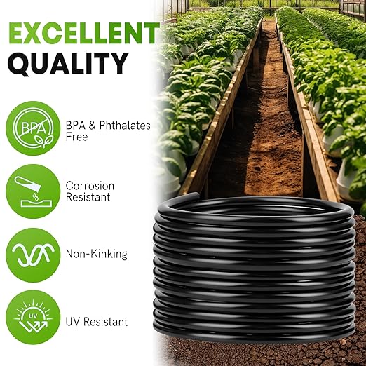 Snowtaros 50FT 1/2 Drip Irrigation Tubing with 4 Packs 4-Way Quick Coupler Push-to-Connect Fittings for Garden Watering System for Raised Beds Garden Greenhouse Lawn