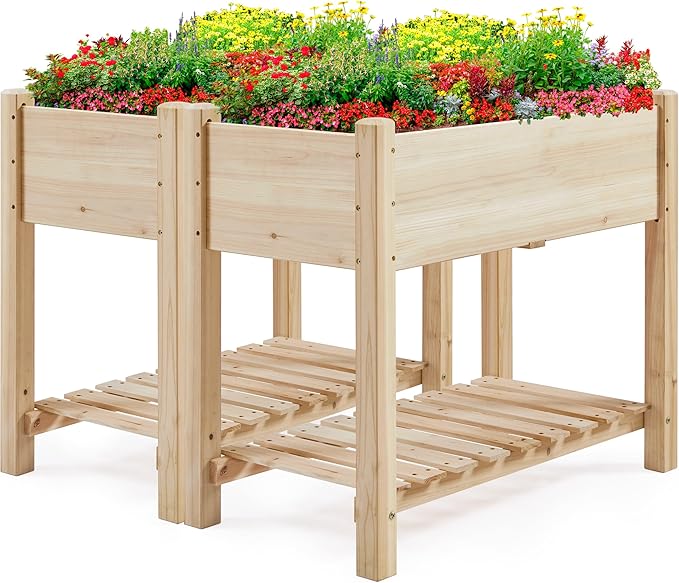 Yaheetech 34x18x30in Horticulture Raised Garden Bed 2pcs Planter Box with Legs &amp Storage Shelf Wooden Elevated Vegetable Growing Bed for Flower/Herb/Backyard/Patio/Balcony