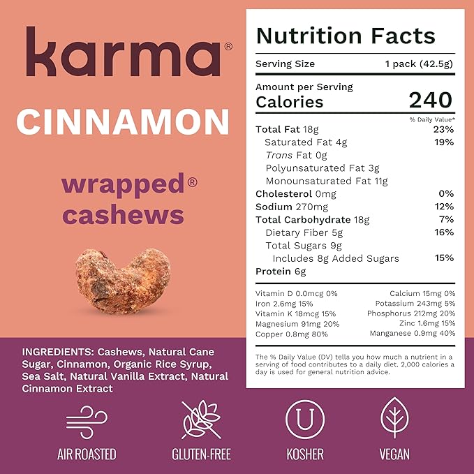 Cinnamon Cashews with Skin by Karma Nuts Whole Sweet Roasted Vegan Gluten Free Low Net Carb Natural Everyday Nut Snack 1.5 Ounce (12 Snack Packs)