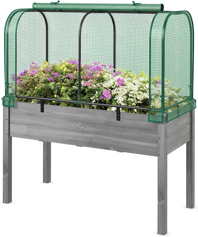 Happygrill Raised Garden Bed with Greenhouse Cover Raised Bed with Legs &amp Drainage Holes for Herbs Vegetables Outdoor Wood Elevated Planter Box for Patio Backyard Balcony (Green+Grey)