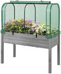 Happygrill Raised Garden Bed with Greenhouse Cover Raised Bed with Legs &amp Drainage Holes for Herbs Vegetables Outdoor Wood Elevated Planter Box for Patio Backyard Balcony (Green+Grey)