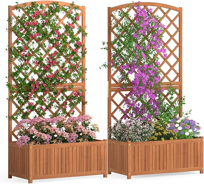 2 Pack Raised Garden Bed with Trellis 30 x 14 x 10 Inch Large Planter Box Solid Acacia Wood Frame Slat Base 63” Tall Planter for Climbing Plants Flowers Outdoor Patio Balcony Backyard