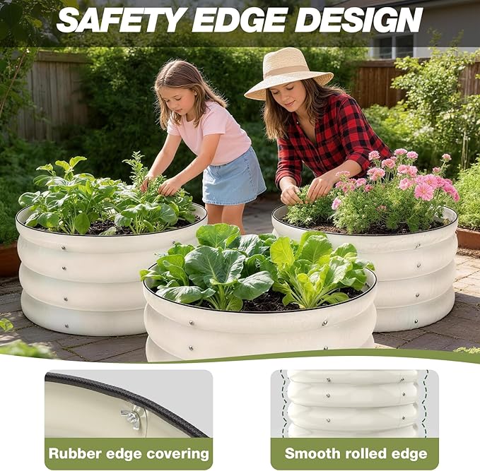 SHALL 8PC Galvanized Raised Garden Bed Kit 3Pc 2x2x1ft Round Planter Boxes Outdoor W/Mini Seed Spreader Disk Seeder 2X Seeding Transplanters Protective Gloves for Flowers Fruits Vegetables Herbs