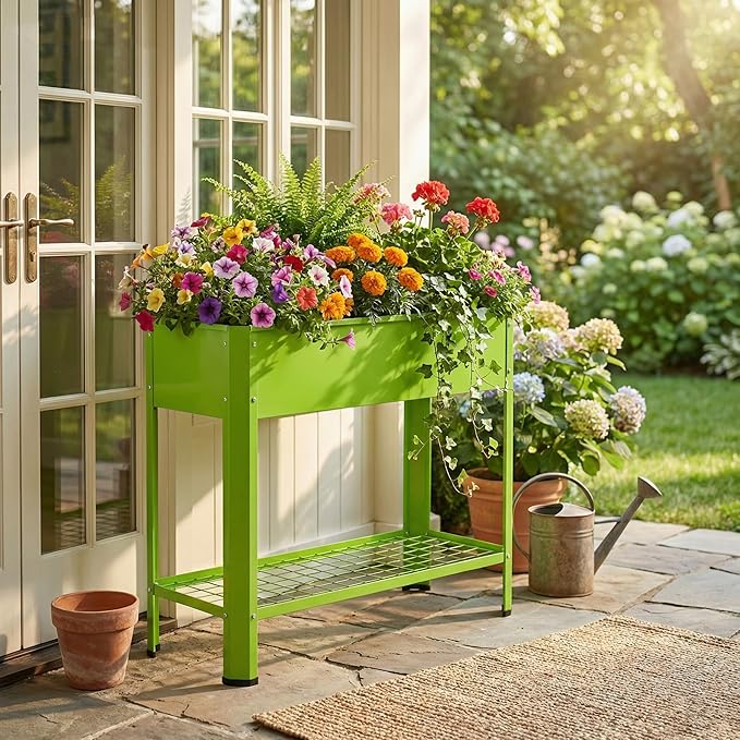 Raised Garden Bed with Legs 32×14×32 in Metal Elevated Raised Planter Box with Storage Rack &amp Drainage Holes for Backyard Patio Balcony 200 lb Capacity - Green