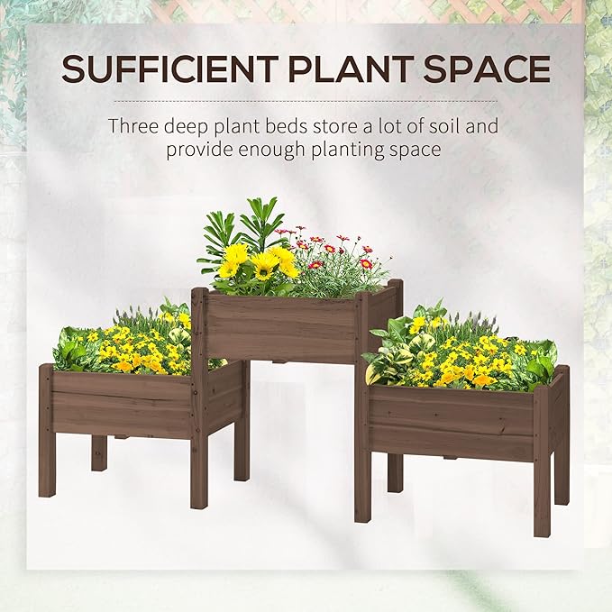Raised Garden Bed with 3 Planter Box Elevated Wooden Plant Stand with Drainage Holes for Vegetables Herb and Flowers Coffee