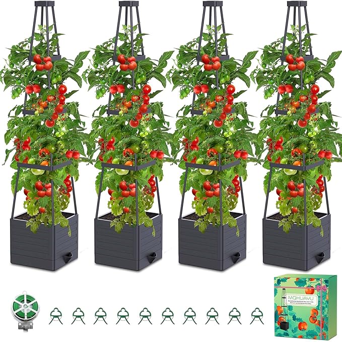 4 Pack Raised Garden Bed Planter Box with Trellis 57 Self-Watering Tomato Cage Planters for Climbing Plants Vegetable Vine Flowers Outdoor &amp Indoor (57x9.8x9.8IN)