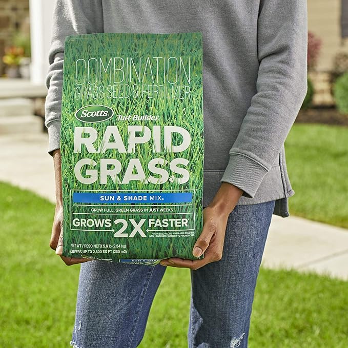 Scotts Turf Builder Rapid Grass Sun and Shade Mix Combination Grass Seed and Fertilizer Grows Green Grass in Just Weeks 5.6 lbs.