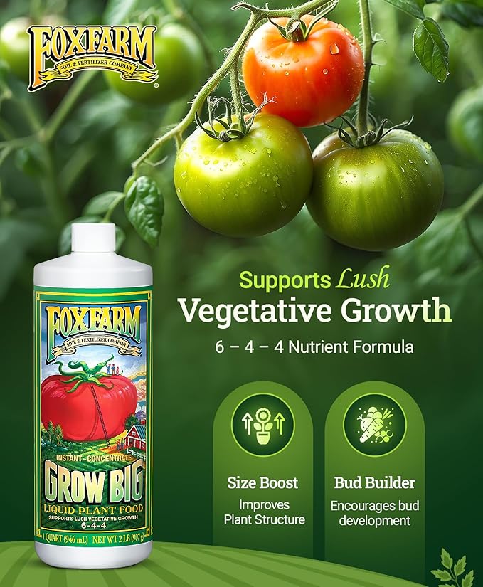 FoxFarm Grow Big Liquid Plant Food - Bloom Fertilizer for Flowers Fruits and Vegetables Perfect for Indoor &amp Outdoor Potted Plants NPK 6-4-4 (Quart)