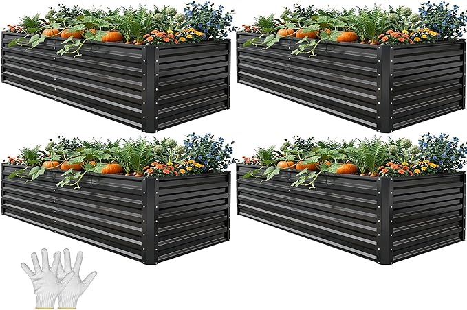 YITAHOME 6x3x2 ft 4pcs Galvanized Raised Garden Bed Kit Large Metal Planter Box with Gloves &amp Support Rod Outdoor Flower Bed for Plants Vegetables Black