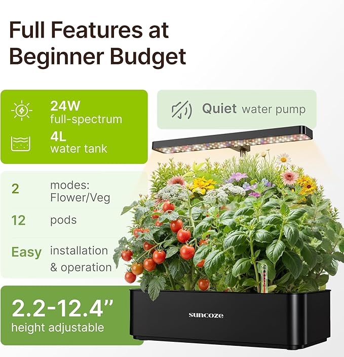 SUNCOZE Hydroponics Growing System Kit 12 Pods 24W LED Grow Light Indoor Garden 4L Water Tank with Quiet Pump Adjustable Height Herb Garden Planter Indoor Kit Gardening Gifts Black