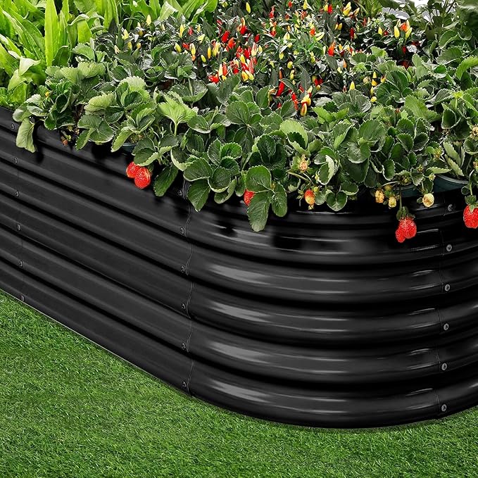 Land Guard 18“ Tall 4×2ft Galvanized Raised Garden Bed Kit Galvanized Planter Garden Boxes Outdoor Oval Large Metal Raised Garden Bed for Vegetables……… (Dark Grey 4×2×1.5ft)