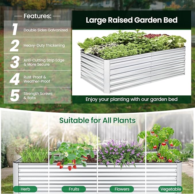 6x3x2FT Raised Garden Bed Kit Galvanized Planter Raised Garden Boxes Outdoor w/Anti Cutting Strip &amp A pair of gloves Deep Root Raised Planter for Vegetables Fruits Flowers and Herbs Silver