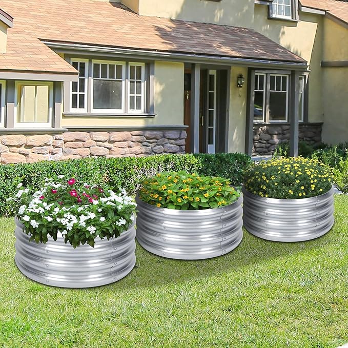 PINPON 3 Pack 2x2x1ft Round Galvanized Raised Garden Bed Outdoor Silver Metal Planter Box for Vegetables Herbs Flowers