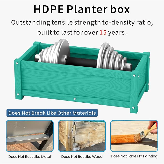 HDPE Planter Box All-Weather Outdoor Garden Bed Easy to Assemble Drainage System Low Maintenance Non-Fading for Flower/Herb/Seed (Aruba Blue)