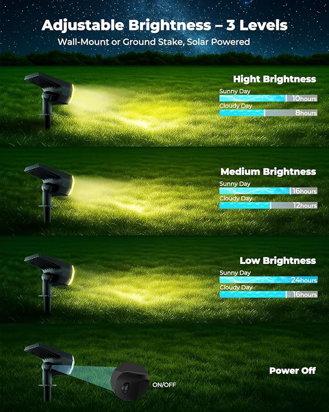 6 Packs Solar Spot Lights Outdoor 64 LED 3000K Solar Lights Outdoor IP67 Waterproof Adjustable Brightness Dusk to Dawn Solar Spotlights for Garden Yard Lawn Walkway Driveway - Warm White