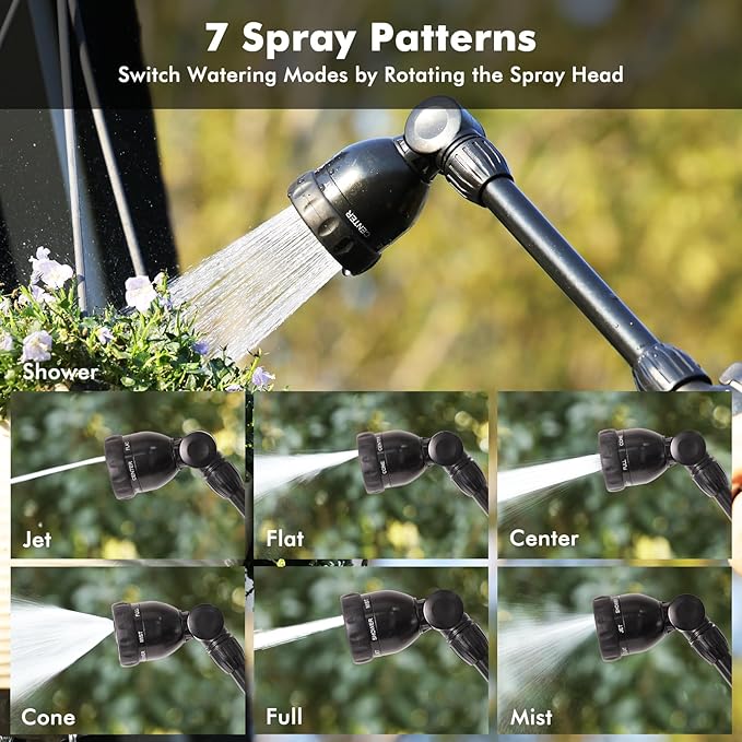 RESTMO Metal Watering Wand Heavy Duty Garden Hose Wand with 180° Swivel Head 16'' Hose Nozzle Sprayer with 7 Spray Patterns and Flow Control for Water Hanging Baskets and Shrubs Flash Black