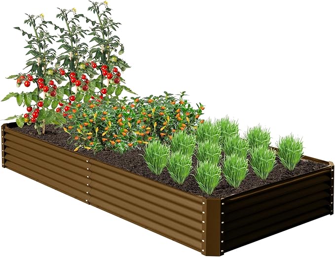 Domi 8x4x1.5ft Metal Raised Garden Beds Outdoor Thickened Galvanized Steel Deep Root Planter Box with Stabilizing Bars &amp Rubber Edging for Vegetables Flowers Herbs - Brown