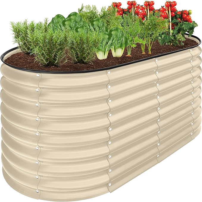 Best Choice Products 4x2x2ft Outdoor Metal Raised Garden Bed Oval Deep Root Planter Box for Vegetables Flowers Herbs and Succulents w/ 101 Gallon Capacity Rubber Edge Guard - Beige