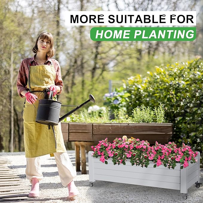 Raised Garden Bed with Wheels 21 Gallon Self-Watering Outdoor Raised Planter Box with Drainage Plug &amp Gauge for Vegetables Flowers Herbs Rustproof Resin for Backyard Patio Porch (Ashen)