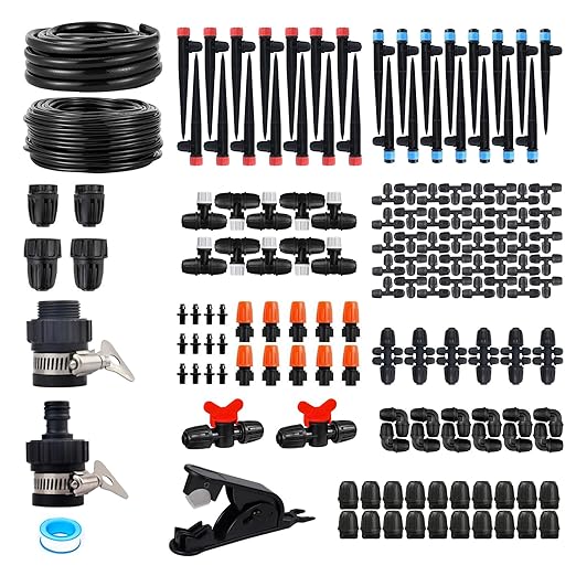 Upgraded Drip Irrigation System 233FT Automatic Irrigation System Watering Misting System for Greenhouse/Garden/Yard/Lawn Micro Drip Irrigation Kit with 1/4 inch 1/2 inch Irrigation Tubing