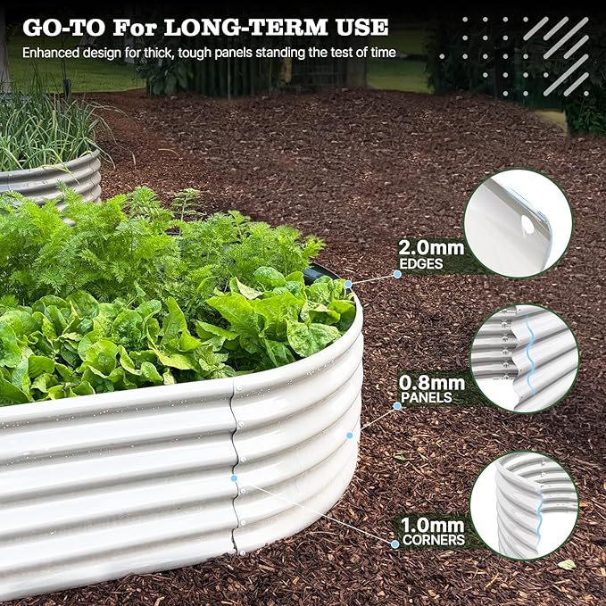 A ANLEOLIFE 8X4X1.5 ft Galvanized Raised Garden Beds Outdoor Oval Large Metal Planter Box for Planting Vegetables Flowers Herb Anti-Rust &amp Easy-Setup Antique White