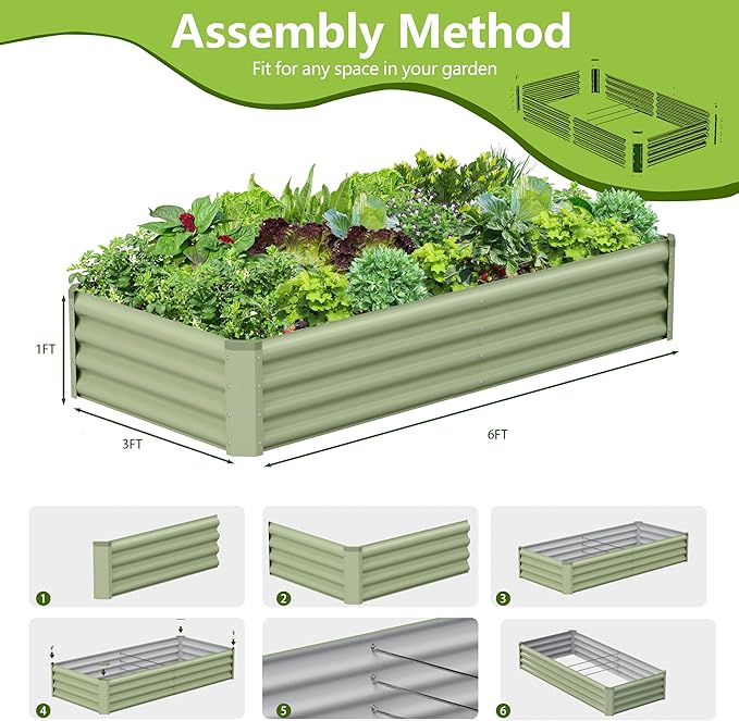 2PCS 6x3x1FT Galvanized Raised Garden Bed Galvanized Planter Raised Garden Boxes Outdoor Large Metal Raised Garden Beds for Vegetables-Green