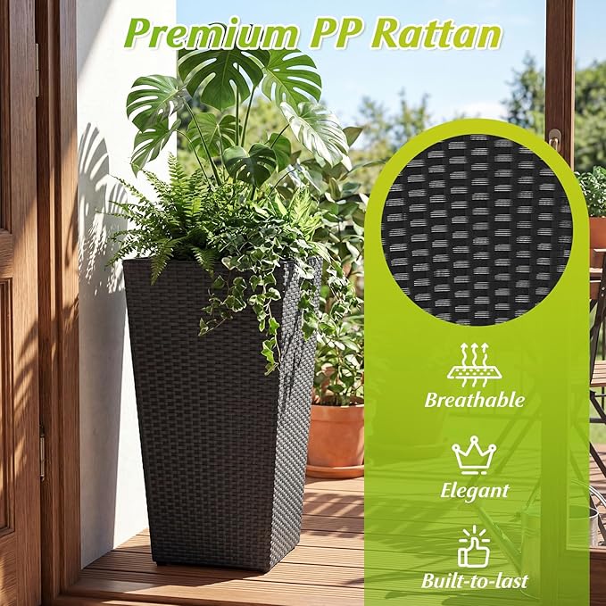 Giantex 3 Pack Tall Planters 30-22-18.5 H Tapered Rattan Planter with Detachable Inner Boxes Weather Resistant Indoor Outdoor Standing Wicker Flower Pots for Front Porch Patio Balcony (Black)