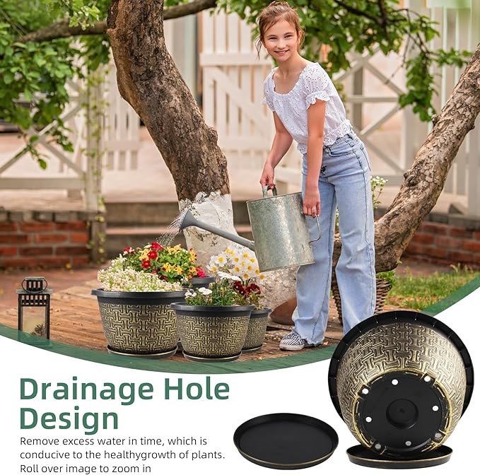 4 Pack 16 Inch PlanterLarge Plastic Flower Pots Outdoor Indoor with Drainage Holes &amp Trays Retro Antique Imitation Decorative Garden Plant Pots Outdoor for Houseplants