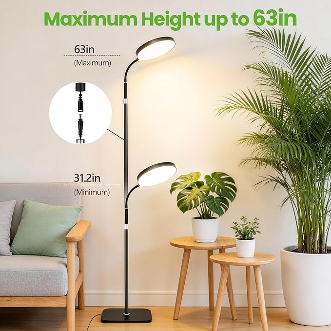 20W Full Spectrum Grow Light for Indoor Plants 63in Adjustable Floor Lamp with Gooseneck 4000K Natural Sunlike Light 3/9/12H Auto On/Off Timer 10-Level Dimmable for Tall Small Plants