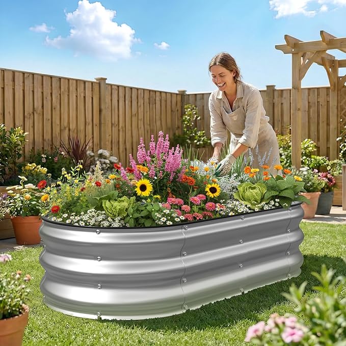 Kesfitt Raised Garden Bed 4x2x1 FT Galvanized Steel Metal Raised Garden Bed Oval Open-Bottom Design 12-Inch Deep for Outdoor Vegetable &amp Herb Gardening Silver
