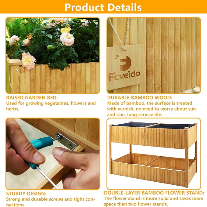 Raised Garden Bed - 2-Tier Elevated Planter Box for Herbs Vegetables Succulents &amp Flowers | 48x25x30 Inch Standing Growing Bed | Outdoor/Indoor Bamboo Planter