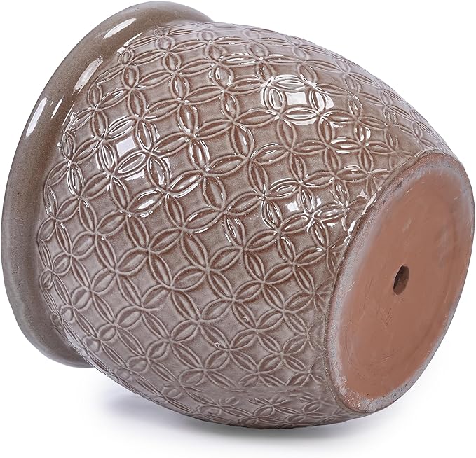 Handmade Glazed Ceramic Planter Set of 3 15139 Inch Diameter Ring Pattern for Monstera and Fiddle Leaf Fig Outdoor G Indoor Staircase Use Breathable Clay Beige