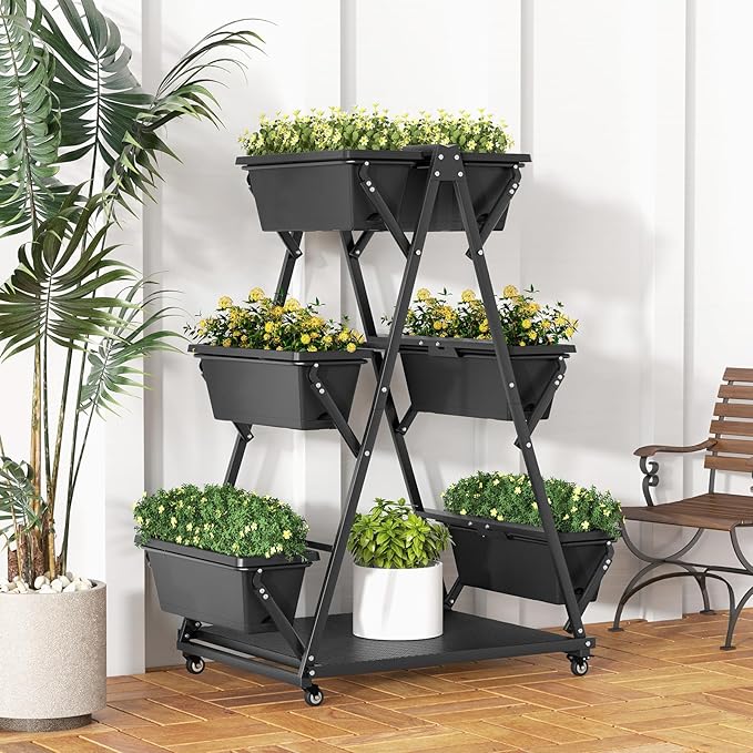 HAPPYGRILL Raised Garden Bed Vertical Garden Planter with Lockable Wheels Drainage Holes 3-Tier Elevated Planter Box for Deck Patio Balcony Perfect for Vegetables Flowers Herbs Tools