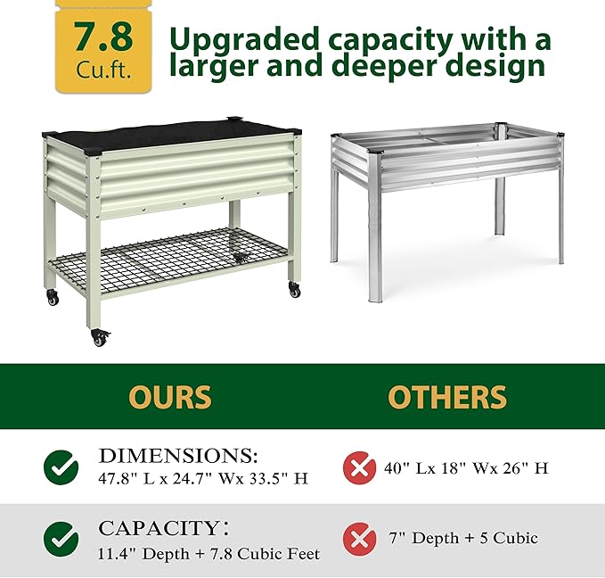 VEIKOU 48x24x34in Galvanized Steel Raised Garden Bed for Outdoor with Shelf and Casters Drainage Holes Detachable Liner Steel Planter Box for Gardening 507 lbs Capacity Cream White