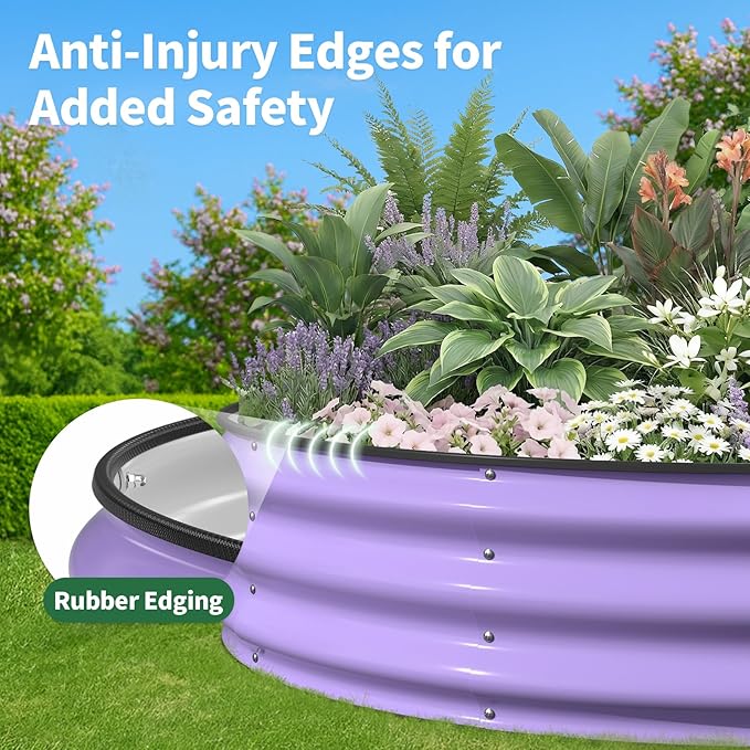 Kesfitt Round Raised Garden Bed 4x4x1 FT Galvanized Steel Metal Garden Bed Open-Bottom Design 12-Inch Deep Outdoor Raised Garden Bed for Vegetables &amp Herbs Lavender Purple