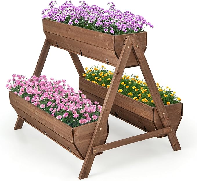 Vertical Raised Garden Bed Tiered Wooden Flower Bed with 3 Planter Boxes and 6 Drainage Holes for Vegetable Flower Fruit Indoor Outdoor Planter for Garden Yard Balcony (44”x36”x35”)