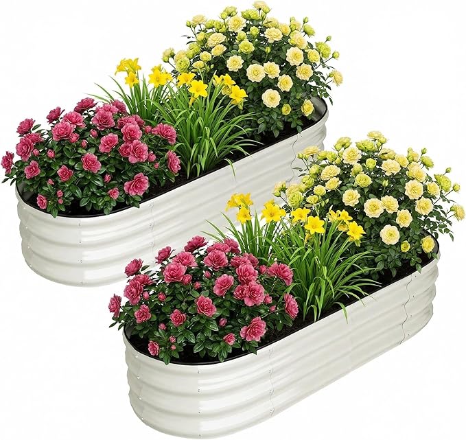 PeakPursuit 4.5x2x1FT Oval Galvanized Raised Garden Bed 2 Pcs Rust-Resistant Metal Planter Box with Open Bottom for Planting Plants Vegetables Flowers Fruits White