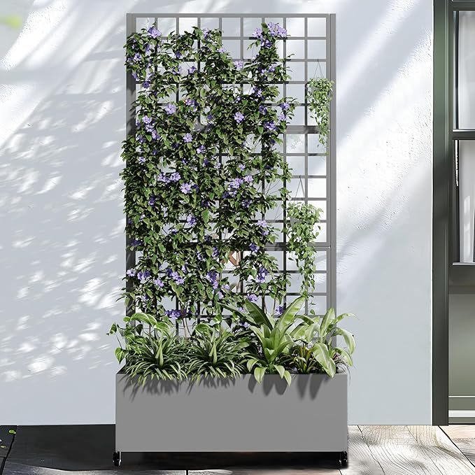 Casaphoria Metal Raised Garden Bed with Trellis and Wheels 72x35x16 Planter Box for Climbing Plants Vegetables &amp Vines Features Drainage Holes and Privacy Screen (Gray-Grid)