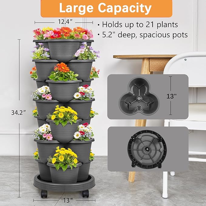 VECELO 7 Tier Vertical Garden Planter Self Watering Stackable Planters with Wheels for Strawberries Herbs Flowers Vegetables Dark Gray