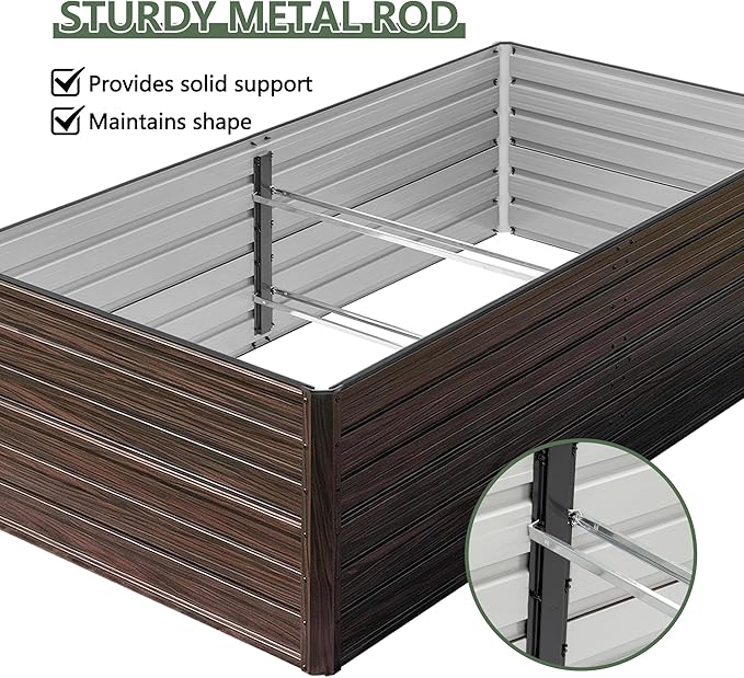 Galvanized Raised Garden Beds 8x4x2FT Outdoor Planter Boxes with Safety Edging and Gloves Rustic Country Style Metal Garden Bed Kit for Vegetables Flower and Fruits (Brown Wood Grain