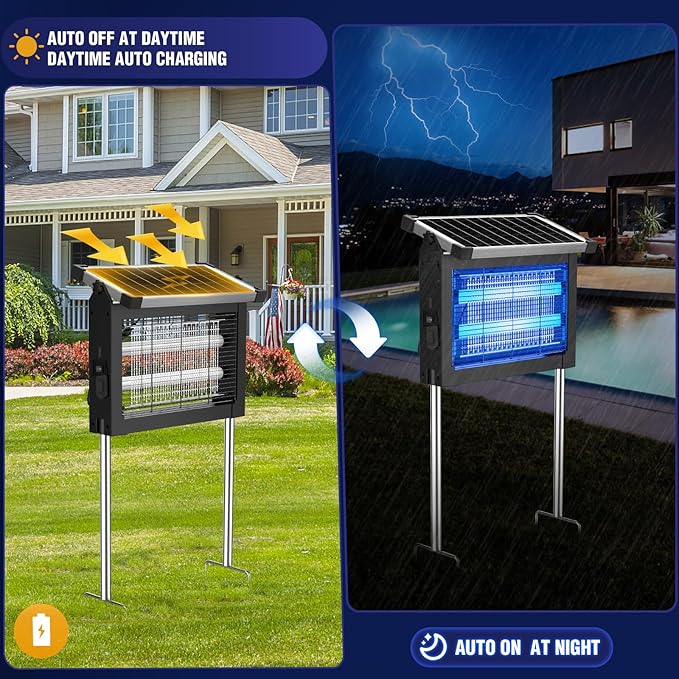 Solar Bug Zapper Outdoor 4500V Mosquito Zapper Waterproof with Panel Sensor Electric Fly Zapper Rechargeable Mosquito Killer with 10FT Extension Cord Fly Trap Ideal for Patio Backyard Camping