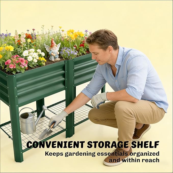 Elevated Outdoor Raised Garden Bed with Legs - 39.6-Gallon Galvanized Steel Planter Box for Patio Herbs Vegetables &amp Flowers - Ergonomic Height 33lb Storage Shelf (Green)