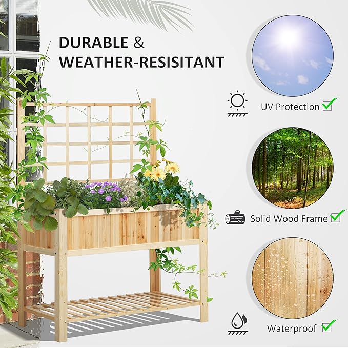 Outsunny 47'' Wooden Raised Garden Bed with Trellis Coutryside Style Elevated Planter Box Stand with Open Storage Shelf Spacious Planting Area for Vegetables Herbs Flowers