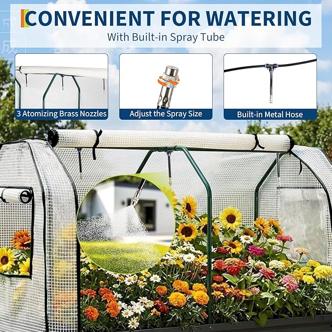 PeakPursuit Raised Garden Bed with Greenhouse Cover Raised Bed with Legs &amp Built-in Spray Tube for Vegetables Galvanized Metal Elevated Planter Box for Patio Backyard Balcony