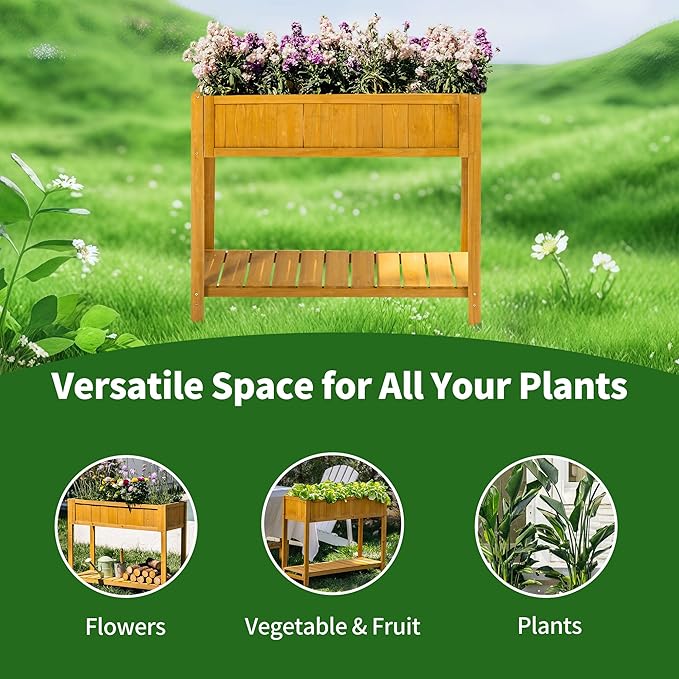 Premium Fir Wooden Raised Garden Bed with Four Legs for Backyard and Balcony GardeningSuitable for Indoor and Outdoor useBottom with Storage Rack35.04''×13''×29.92''