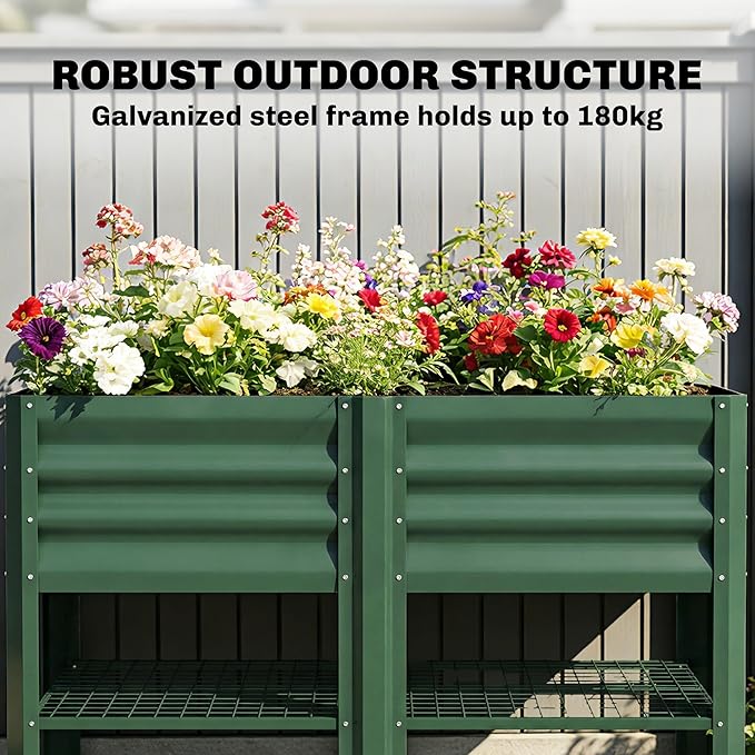 Outsunny Galvanized Steel Raised Garden Bed with Storage Shelf and Bed Liner Elevated Planter Box with Legs for Flowers Vegetables and Herbs for Outdoor Patio Yard Glove Included Green