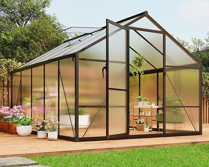 8x10 FT Greenhouse Greenhouses for Outside Polycarbonate Greenhouse with Aluminum Frame Lockable Door and Ajustable Roof Vent for Backyard Green Houses for Outside Garden Backyard Patio