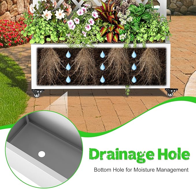 Raised Garden Beds Outdoor with Drainage Hole Metal Planter Box with Trellis Wheels Privacy Screen Trellis Planter for Climbing Plants Vegetable Vines (White)
