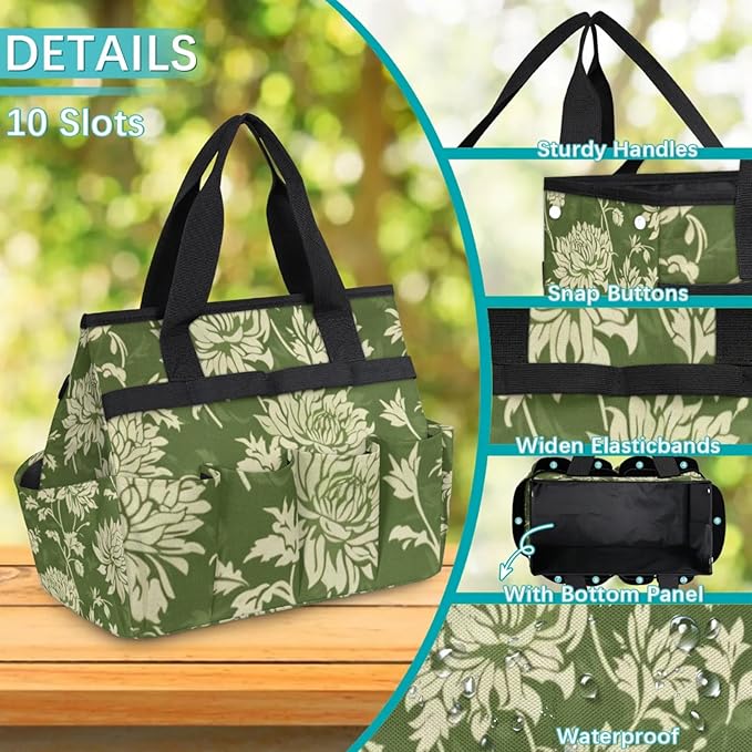 Spring Leaves Gardening Tool BagHeavy Duty Garden Tote BagPortable Oxford Gardening Storage Basket Organizer Handbag with Pockets HandleHand Tools Gifts for Outdoor Garden Lawn Yard
