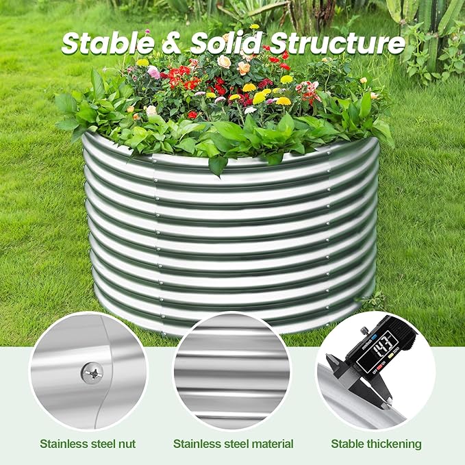 Land Guard 3×3×3ft Galvanized Raised Garden Bed Kit Round Galvanized Planter Raised Garden Boxes Outdoor Large Metal Raised Garden Beds for Vegetables Silver